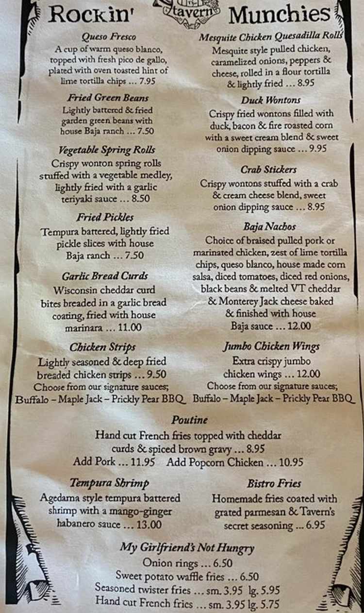 Tavern on the Hill menu page 1